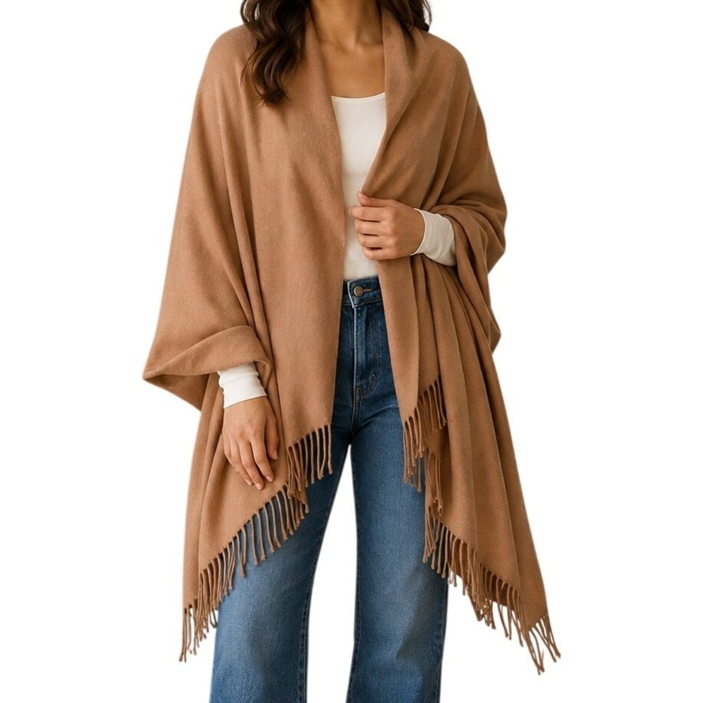 Portolano Camel Tan 100% Lambswool Fringe Trim Shawl Wrap